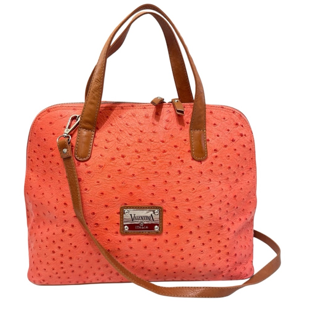 Valentina Orange Ostrich‎ Embossed Leather Satchel Crossbody Bag Top Handle